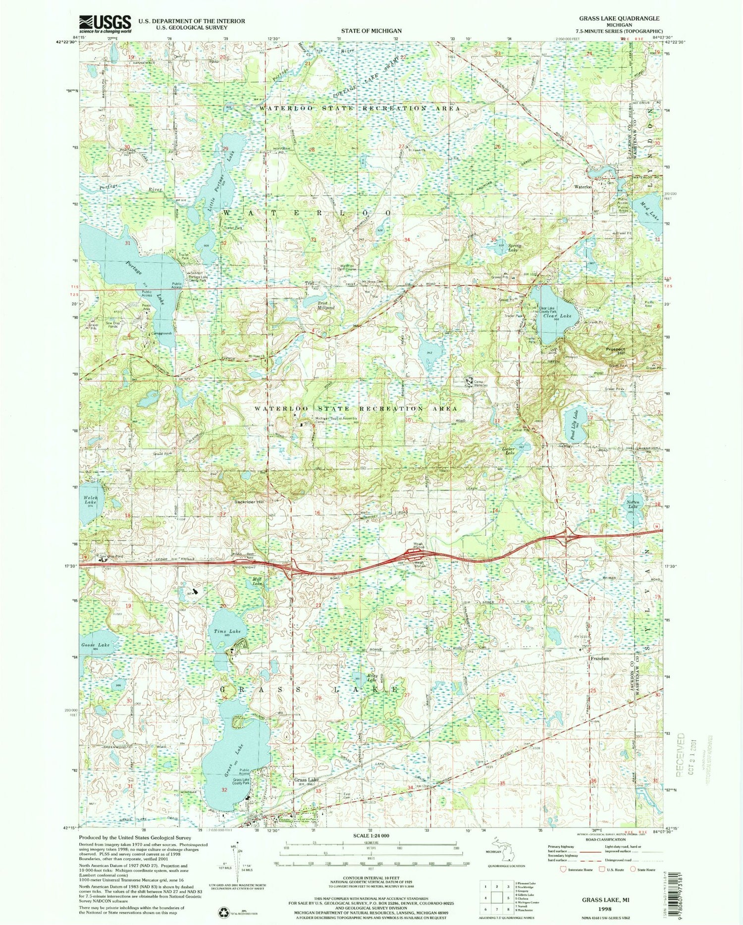 Classic USGS Grass Lake Michigan 7.5'x7.5' Topo Map Image