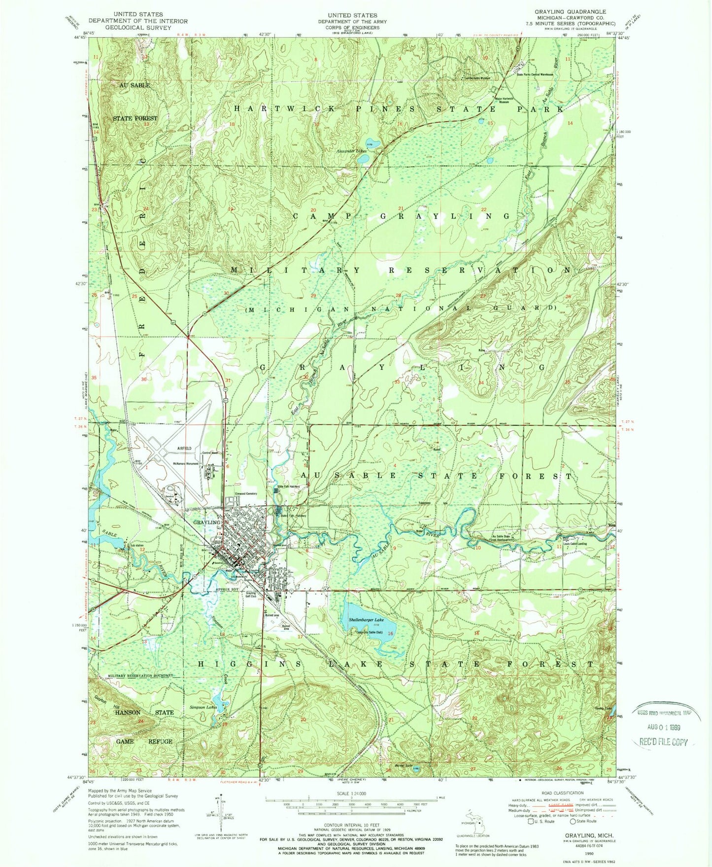 Classic USGS Grayling Michigan 7.5'x7.5' Topo Map Image