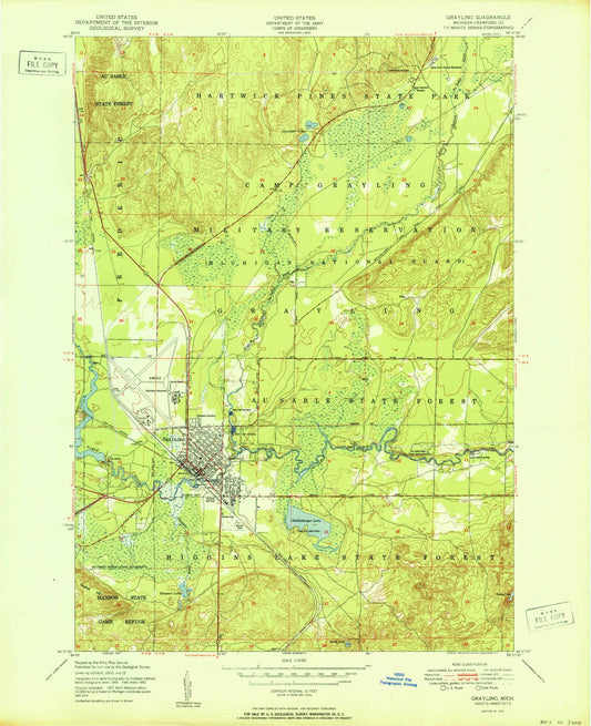Classic USGS Grayling Michigan 7.5'x7.5' Topo Map Image