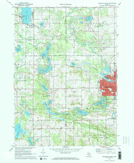 Classic USGS Greenville West Michigan 7.5'x7.5' Topo Map Image