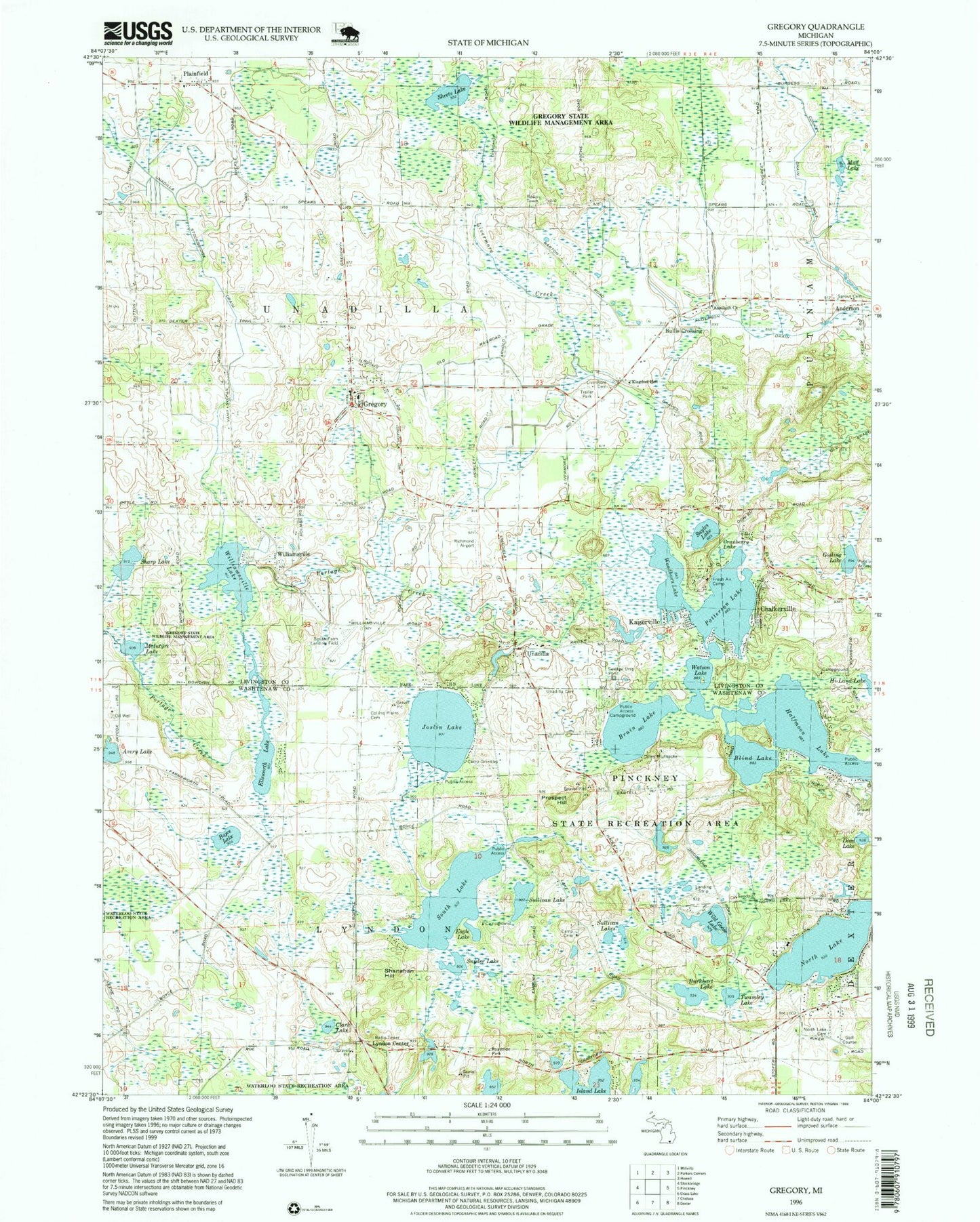 Classic USGS Gregory Michigan 7.5'x7.5' Topo Map Image