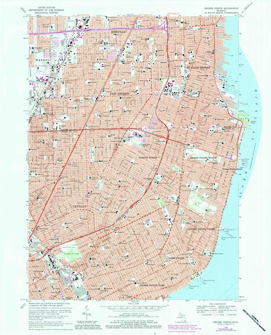 Classic USGS Grosse Pointe Michigan 7.5'x7.5' Topo Map Image