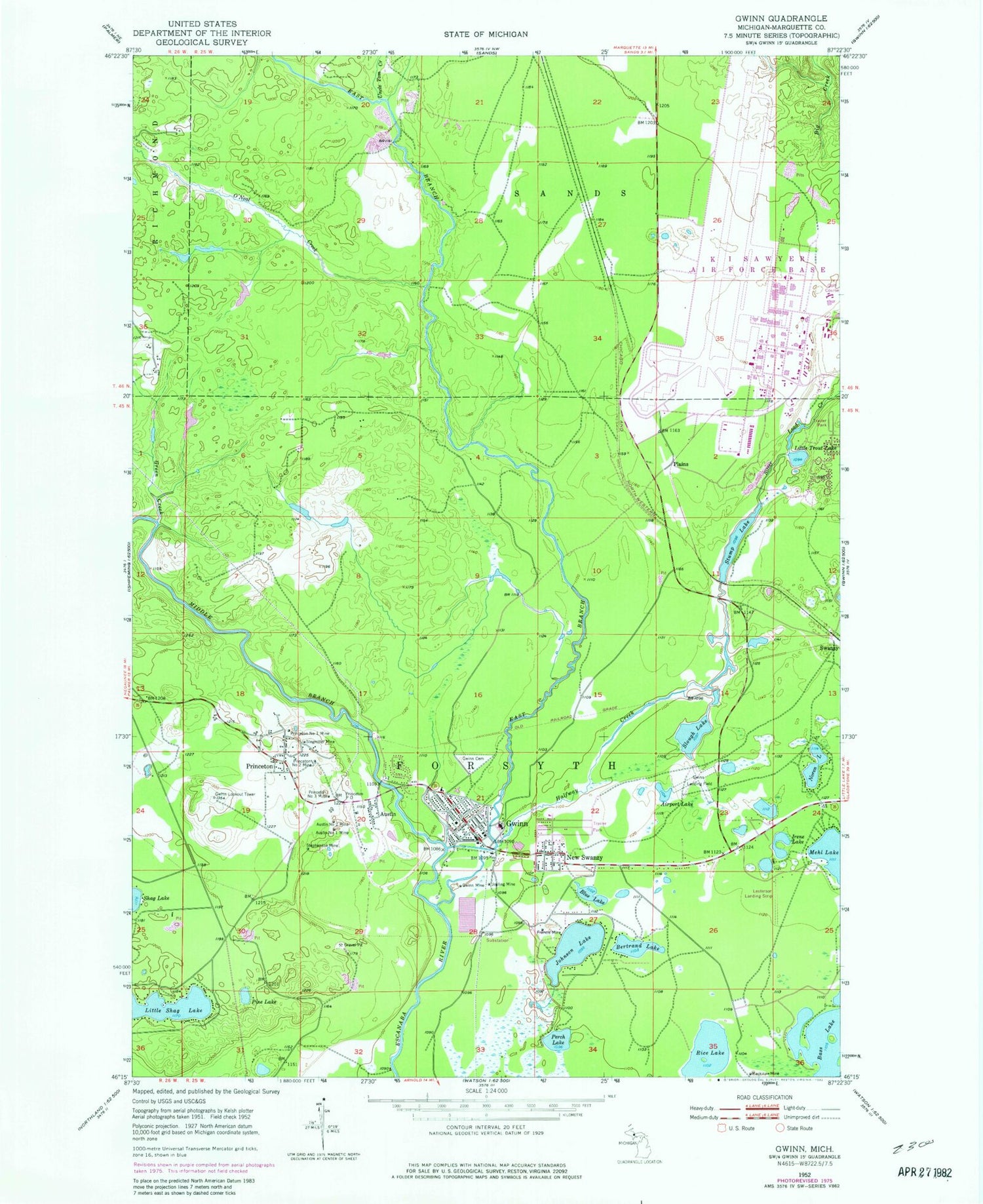 Classic USGS Gwinn Michigan 7.5'x7.5' Topo Map Image