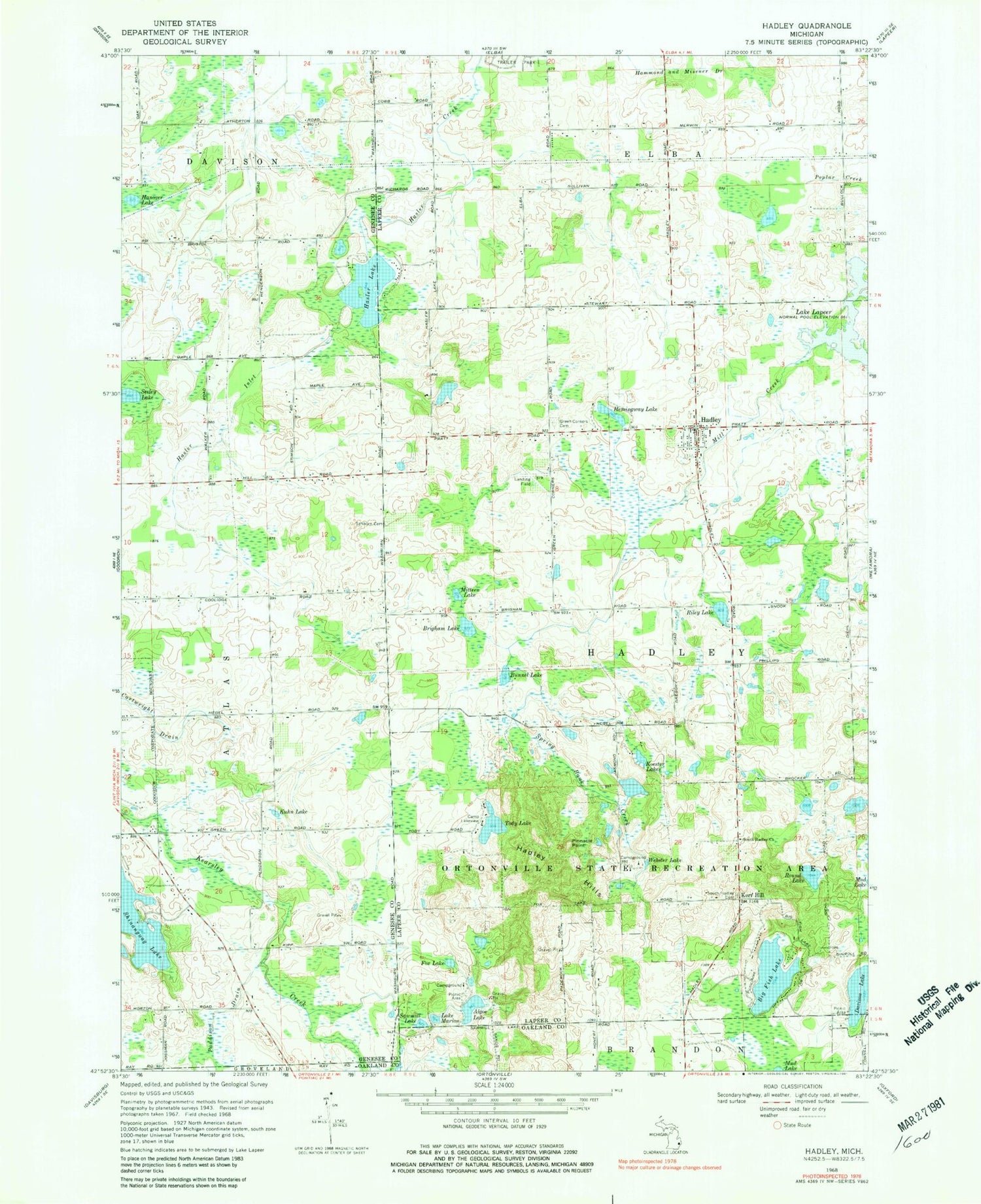 Classic USGS Hadley Michigan 7.5'x7.5' Topo Map Image