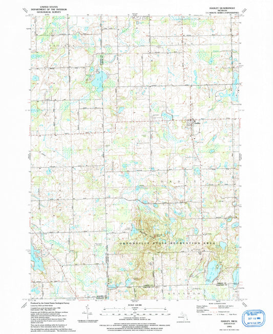 Classic USGS Hadley Michigan 7.5'x7.5' Topo Map Image