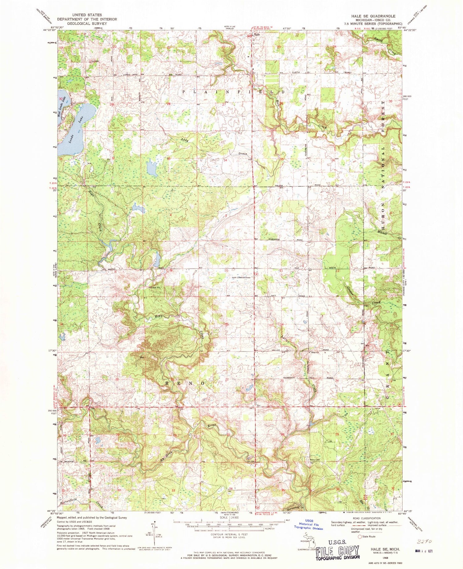 Classic USGS Hale SE Michigan 7.5'x7.5' Topo Map Image