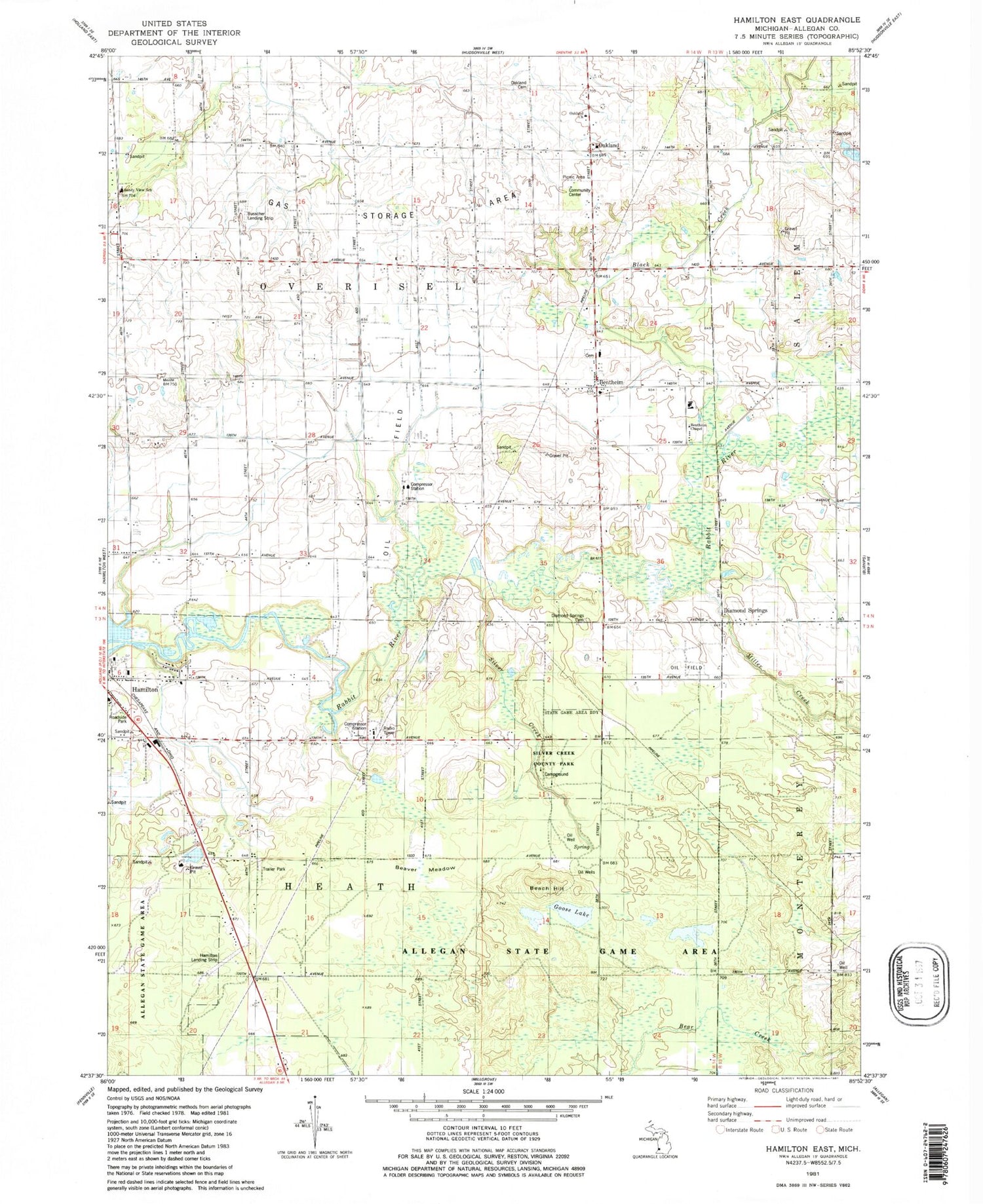 Classic USGS Hamilton East Michigan 7.5'x7.5' Topo Map Image