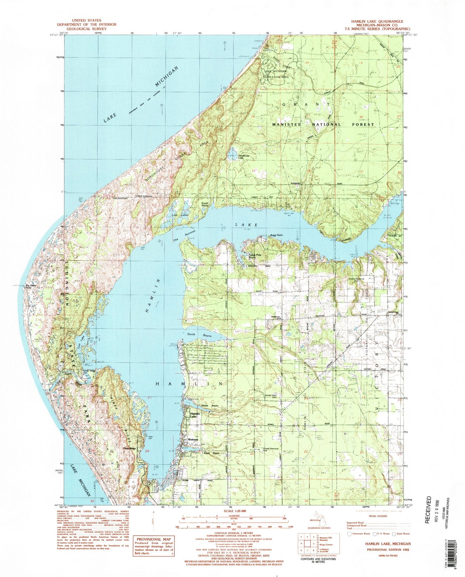 Classic USGS Hamlin Lake Michigan 7.5'x7.5' Topo Map Image