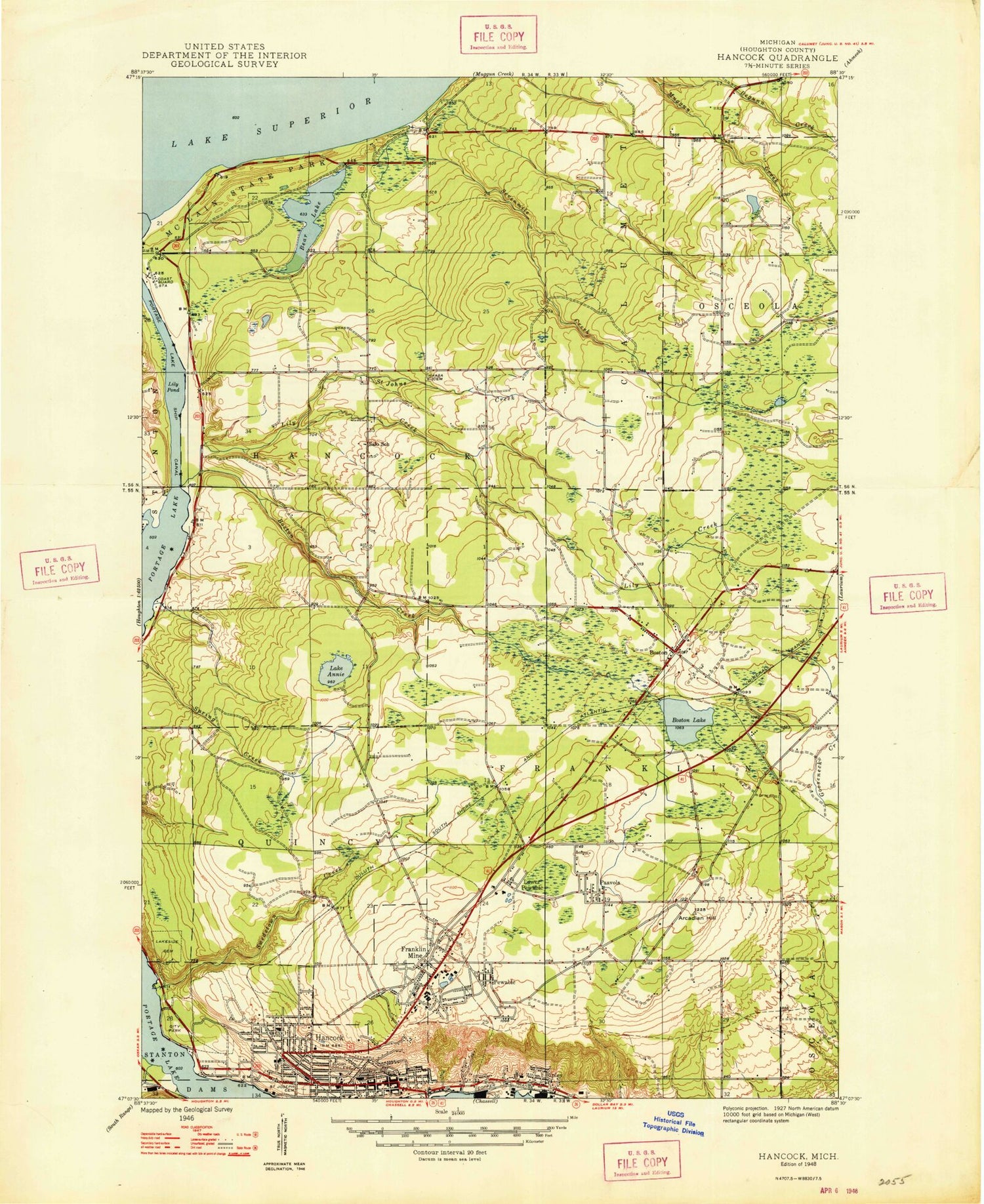 Classic USGS Hancock Michigan 7.5'x7.5' Topo Map Image