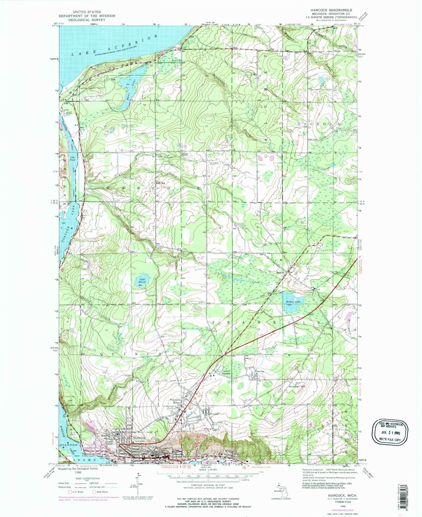 Classic USGS Hancock Michigan 7.5'x7.5' Topo Map Image
