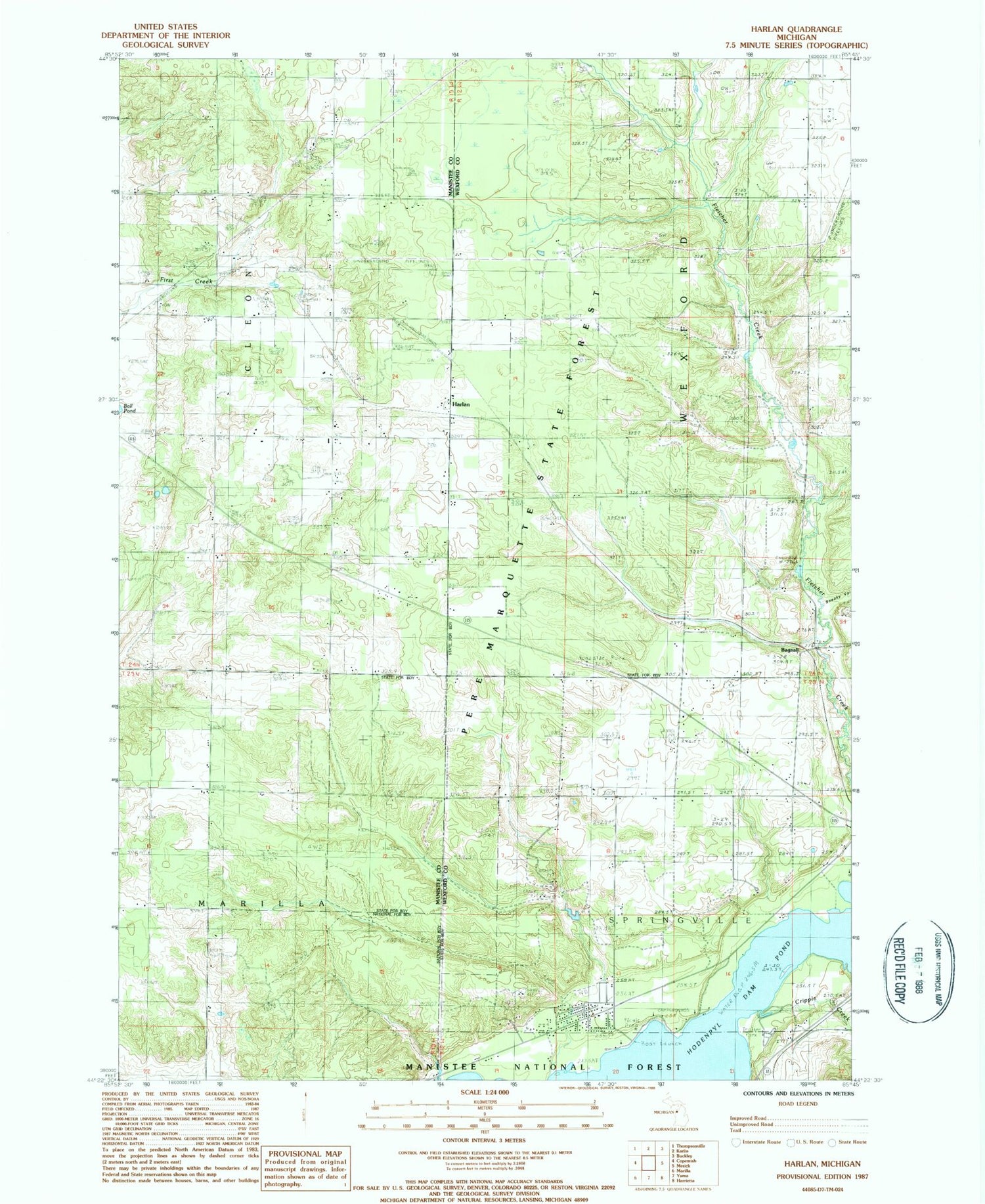 Classic USGS Harlan Michigan 7.5'x7.5' Topo Map Image