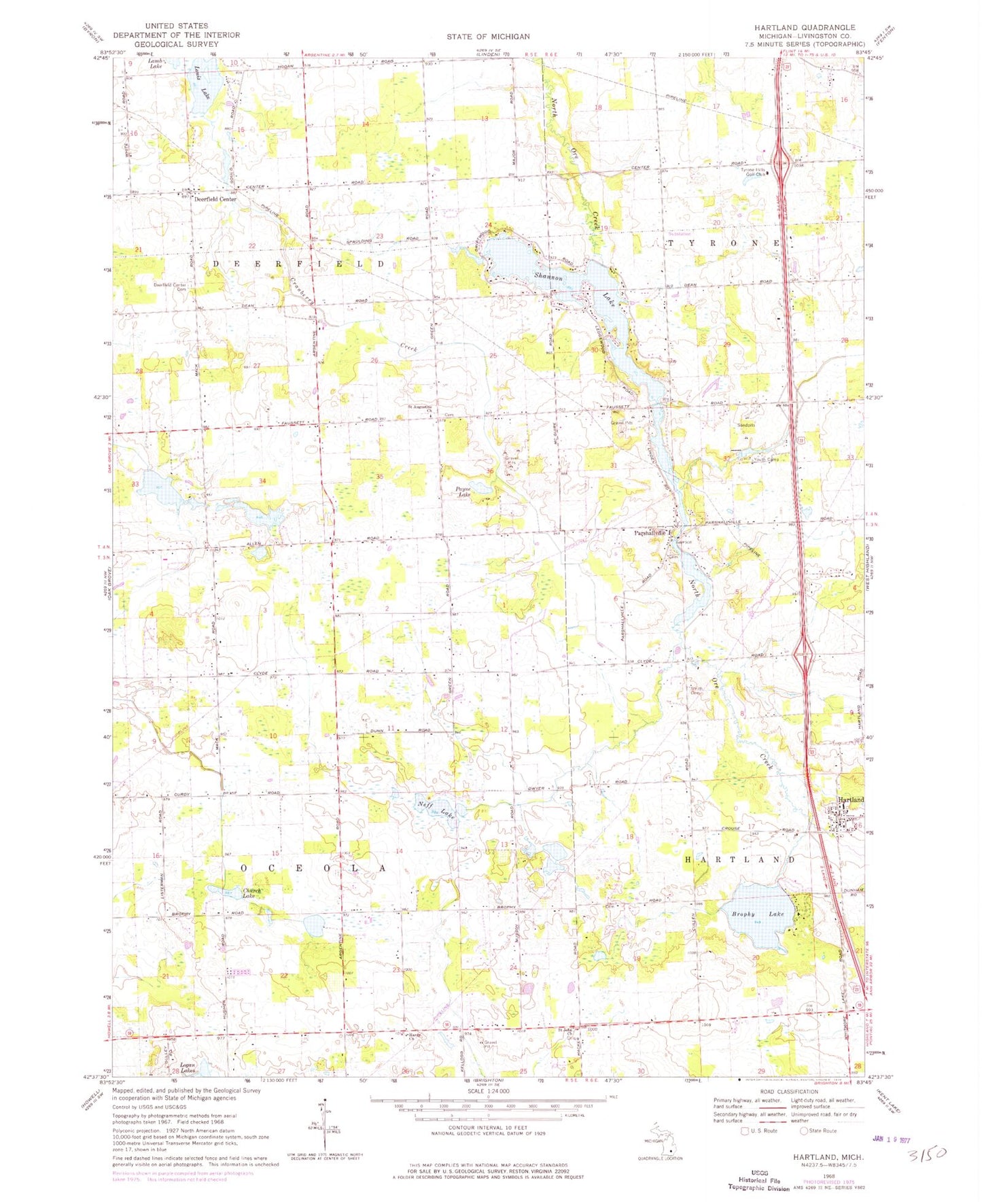 Classic USGS Hartland Michigan 7.5'x7.5' Topo Map Image