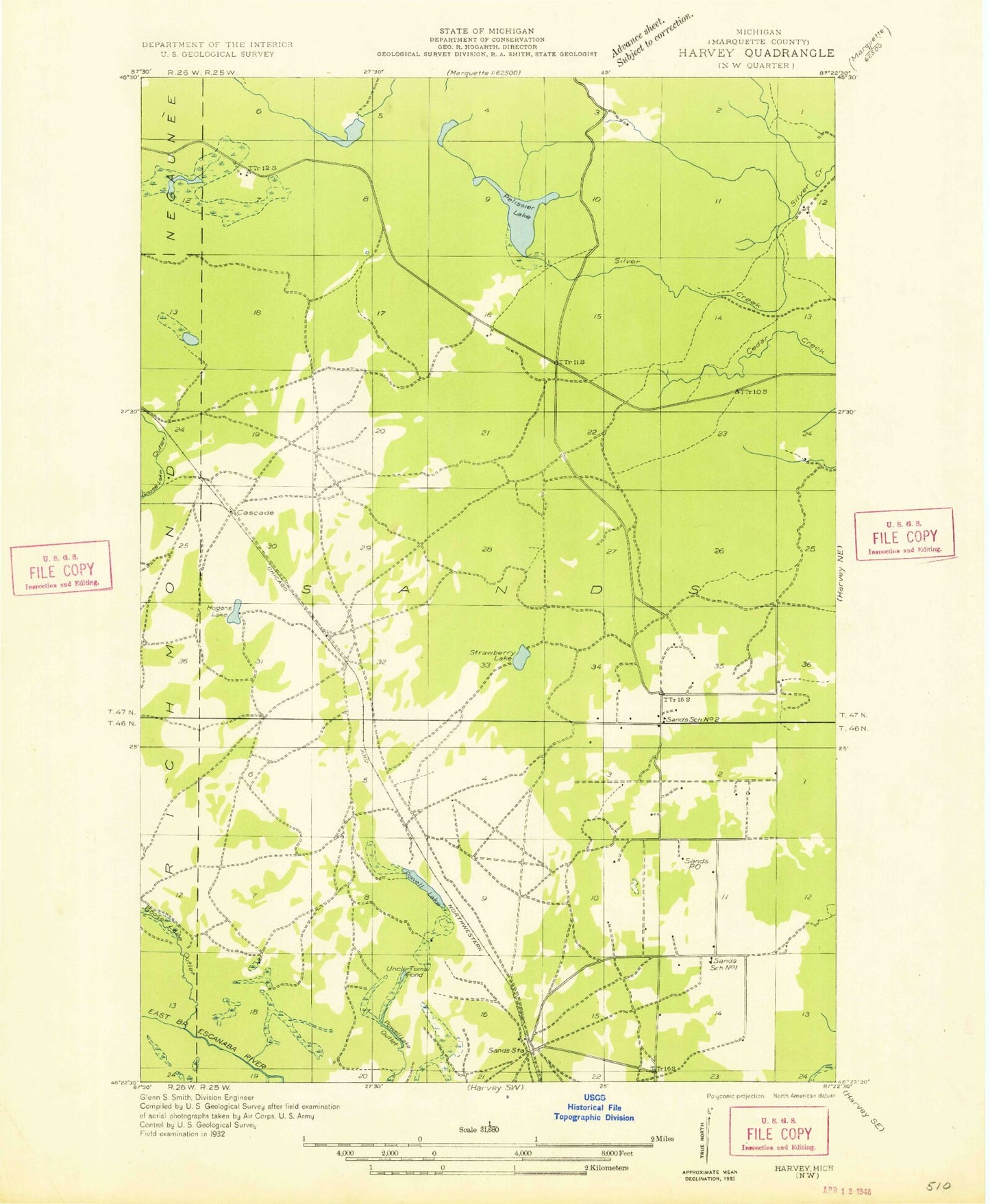Classic USGS Sands Michigan 7.5'x7.5' Topo Map Image