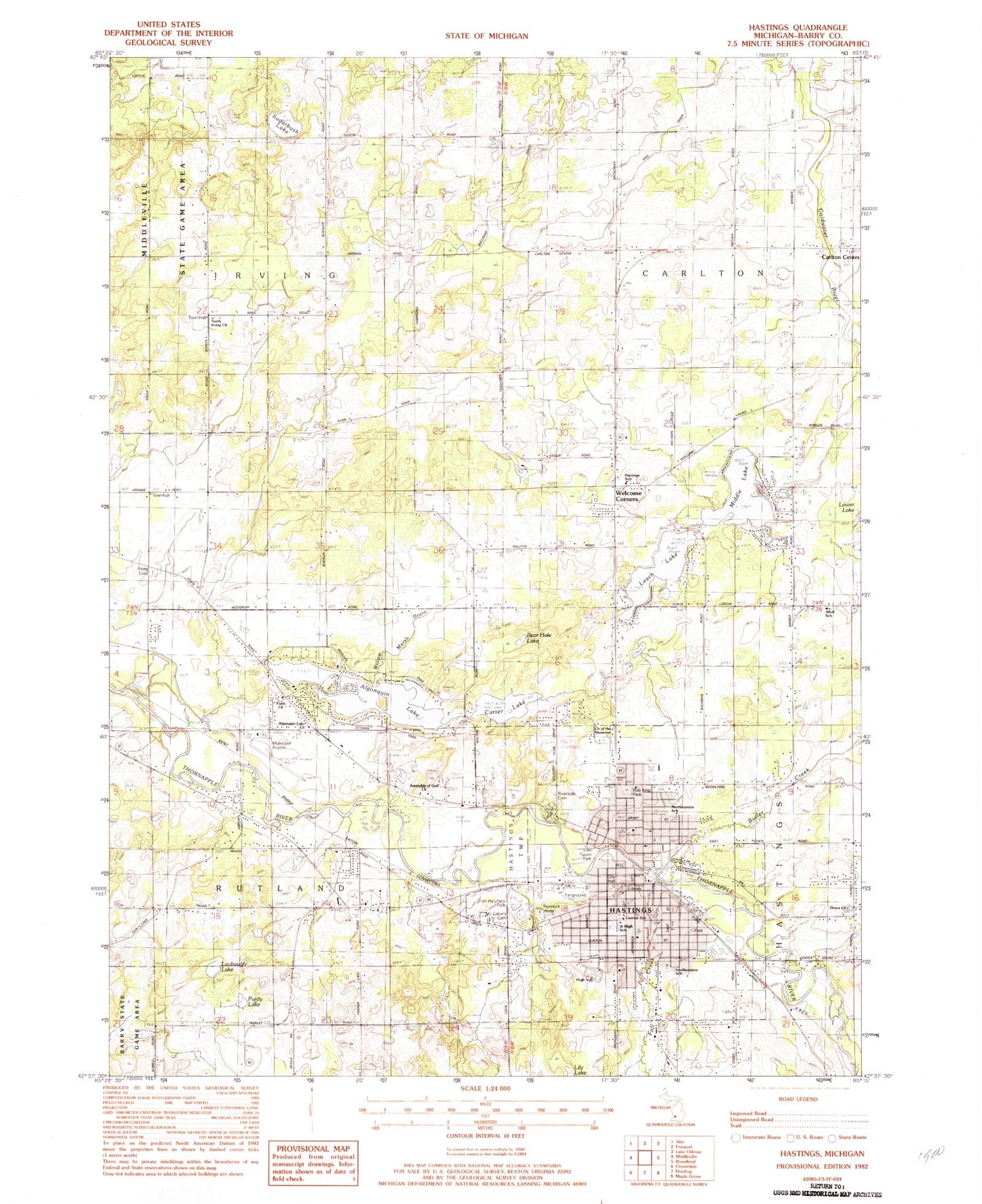 Classic USGS Hastings Michigan 7.5'x7.5' Topo Map Image