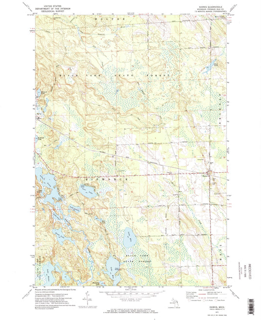 Classic USGS Hawks Michigan 7.5'x7.5' Topo Map Image