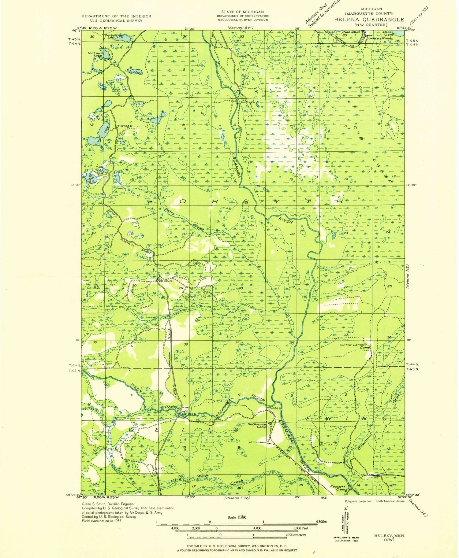 Classic USGS Anderson Lake Michigan 7.5'x7.5' Topo Map Image