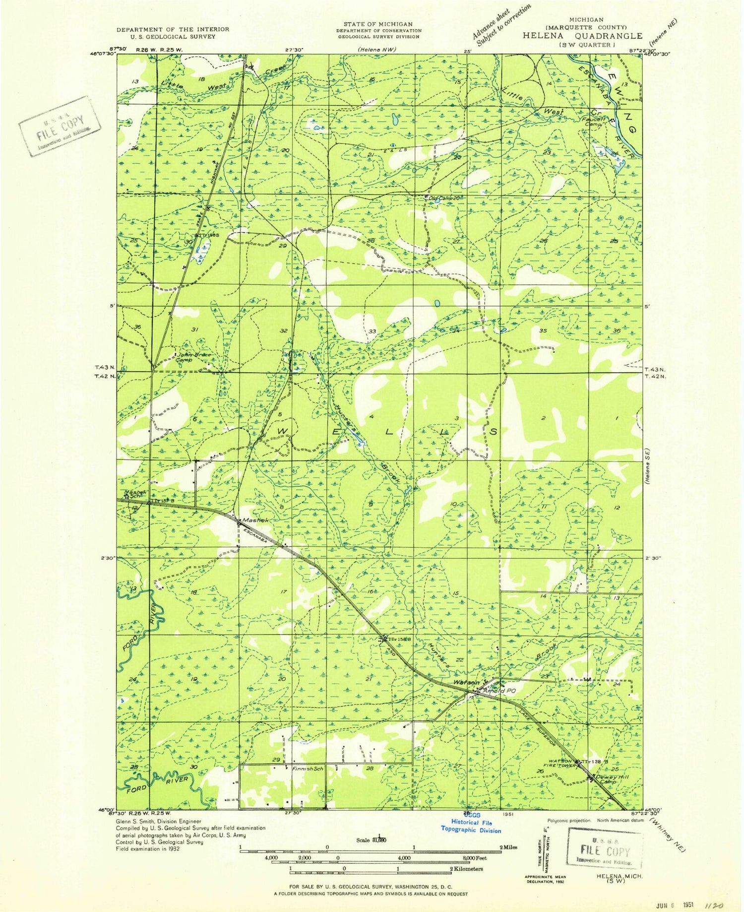 Classic USGS Arnold Michigan 7.5'x7.5' Topo Map Image