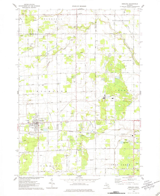 Classic USGS Hemlock Michigan 7.5'x7.5' Topo Map Image