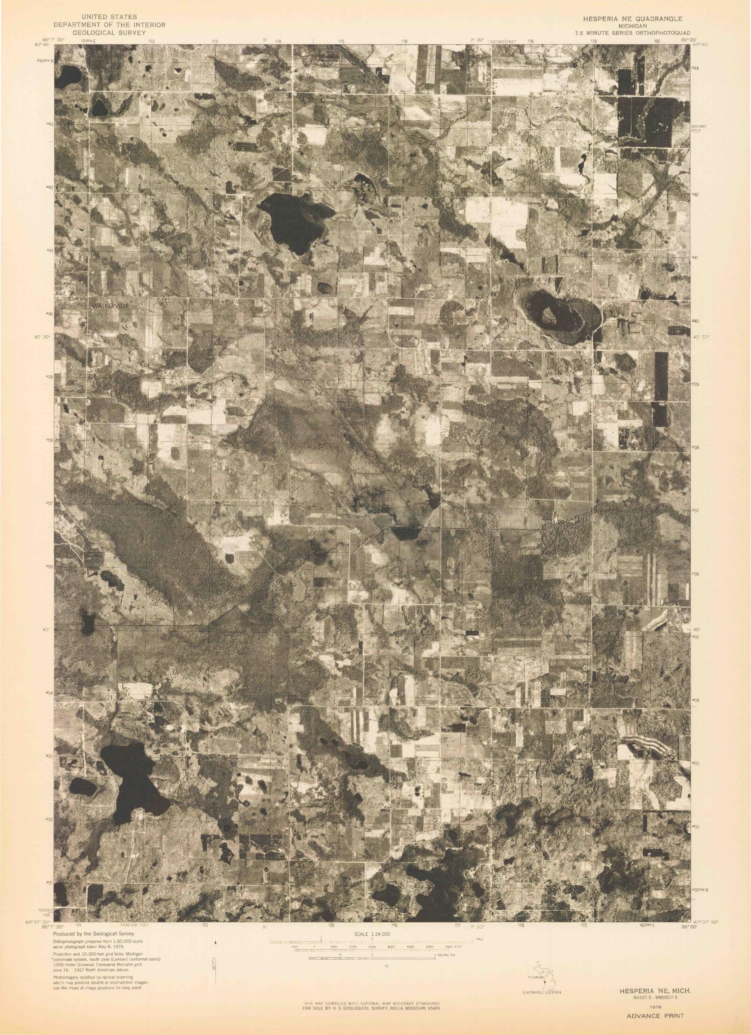 Classic USGS Walkerville East Michigan 7.5'x7.5' Topo Map Image