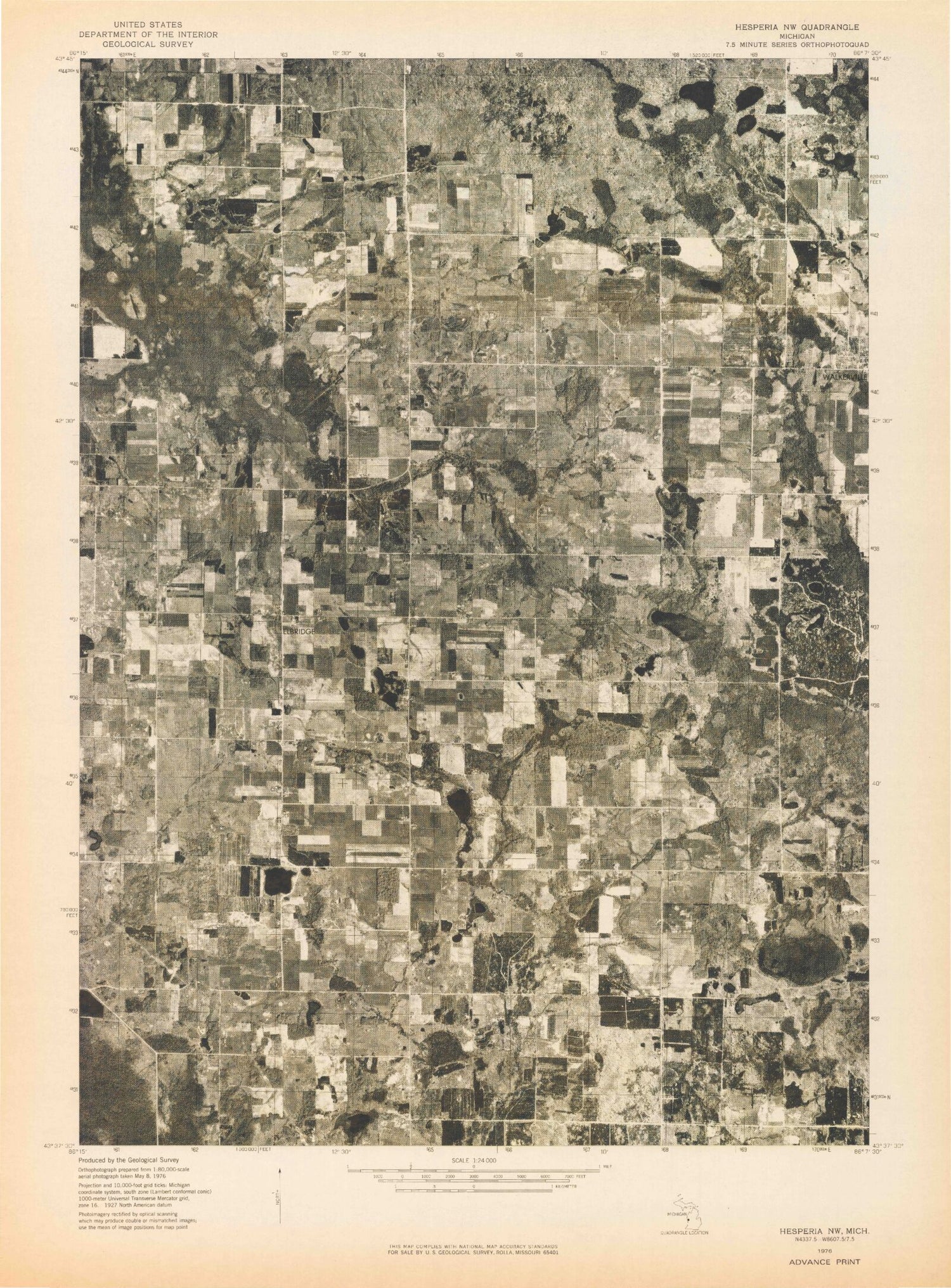 Classic USGS Walkerville West Michigan 7.5'x7.5' Topo Map Image