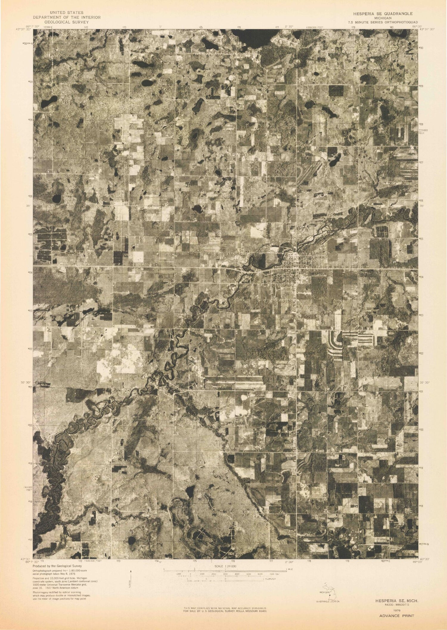 Classic USGS Hesperia Michigan 7.5'x7.5' Topo Map Image