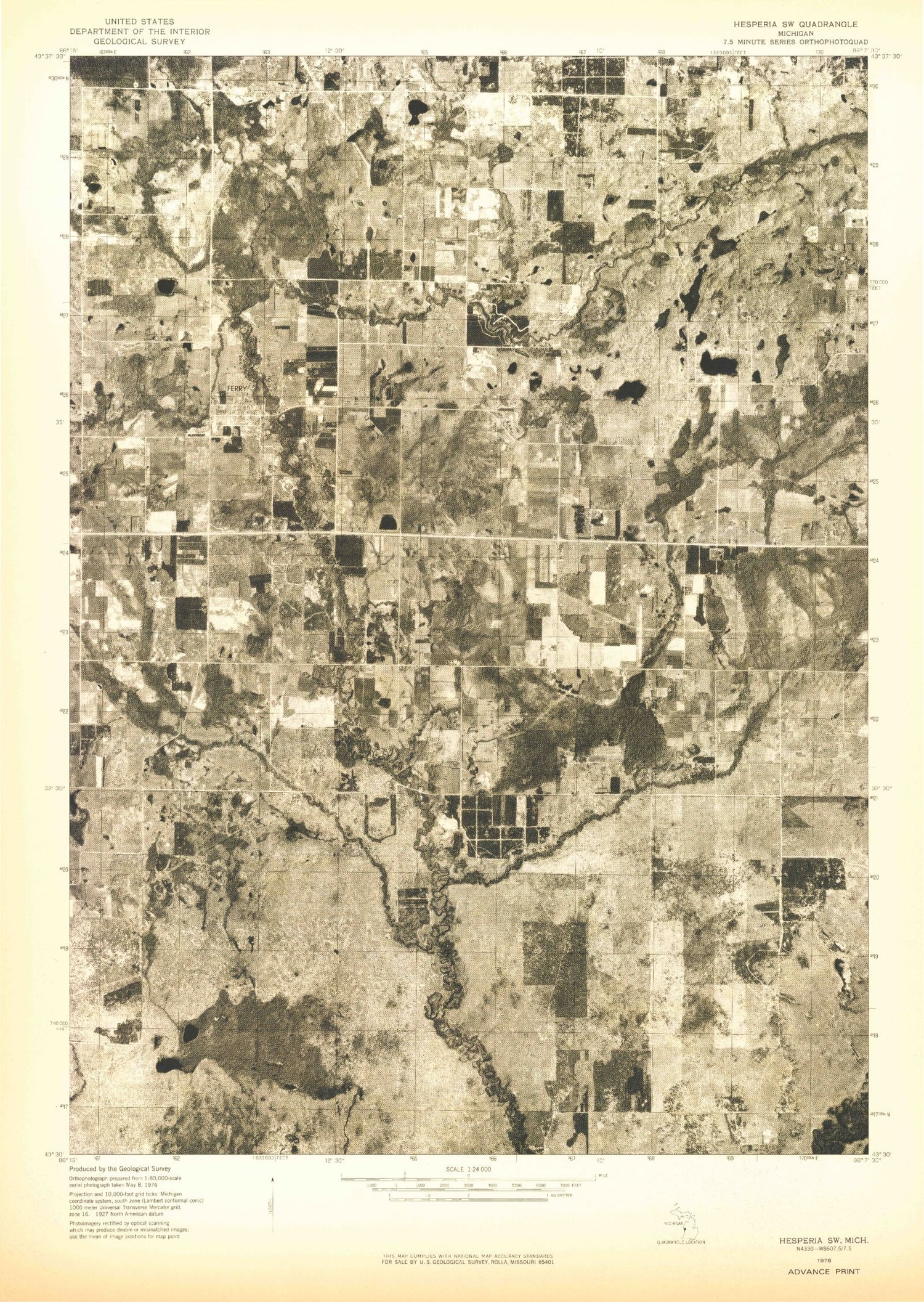 Classic USGS Ferry Michigan 7.5'x7.5' Topo Map Image