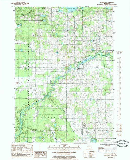 Classic USGS Hesperia Michigan 7.5'x7.5' Topo Map Image