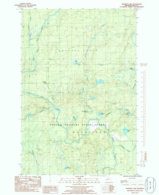 Classic USGS Hickman Lake Michigan 7.5'x7.5' Topo Map Image
