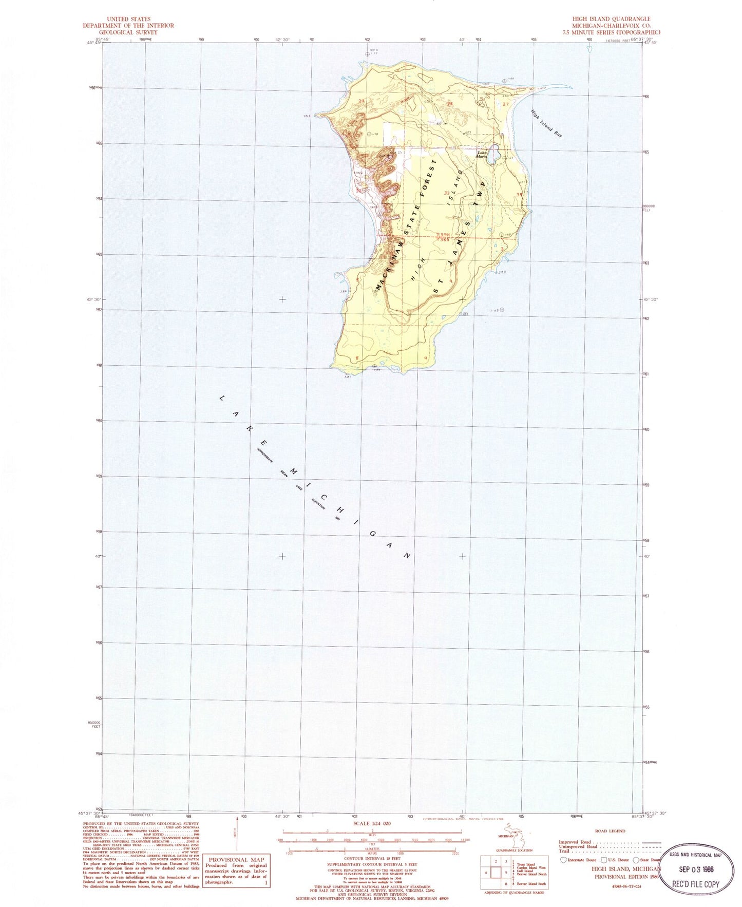 Classic USGS High Island Michigan 7.5'x7.5' Topo Map Image