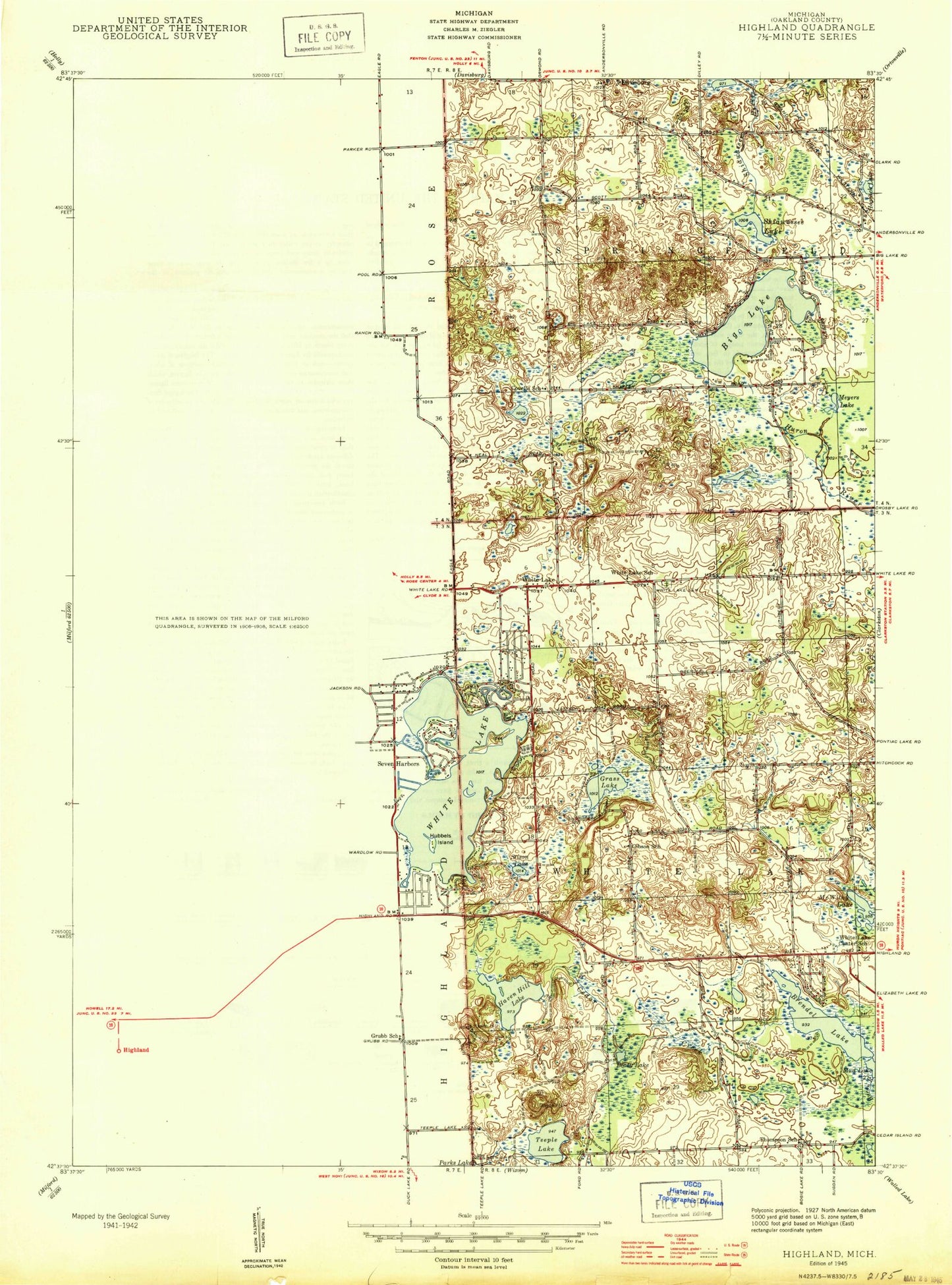 Classic USGS Highland Michigan 7.5'x7.5' Topo Map Image