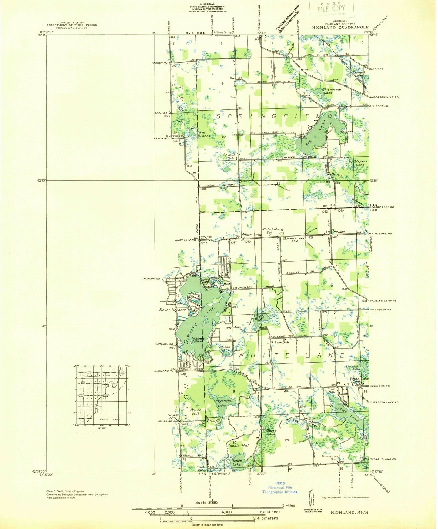 Classic USGS Highland Michigan 7.5'x7.5' Topo Map Image