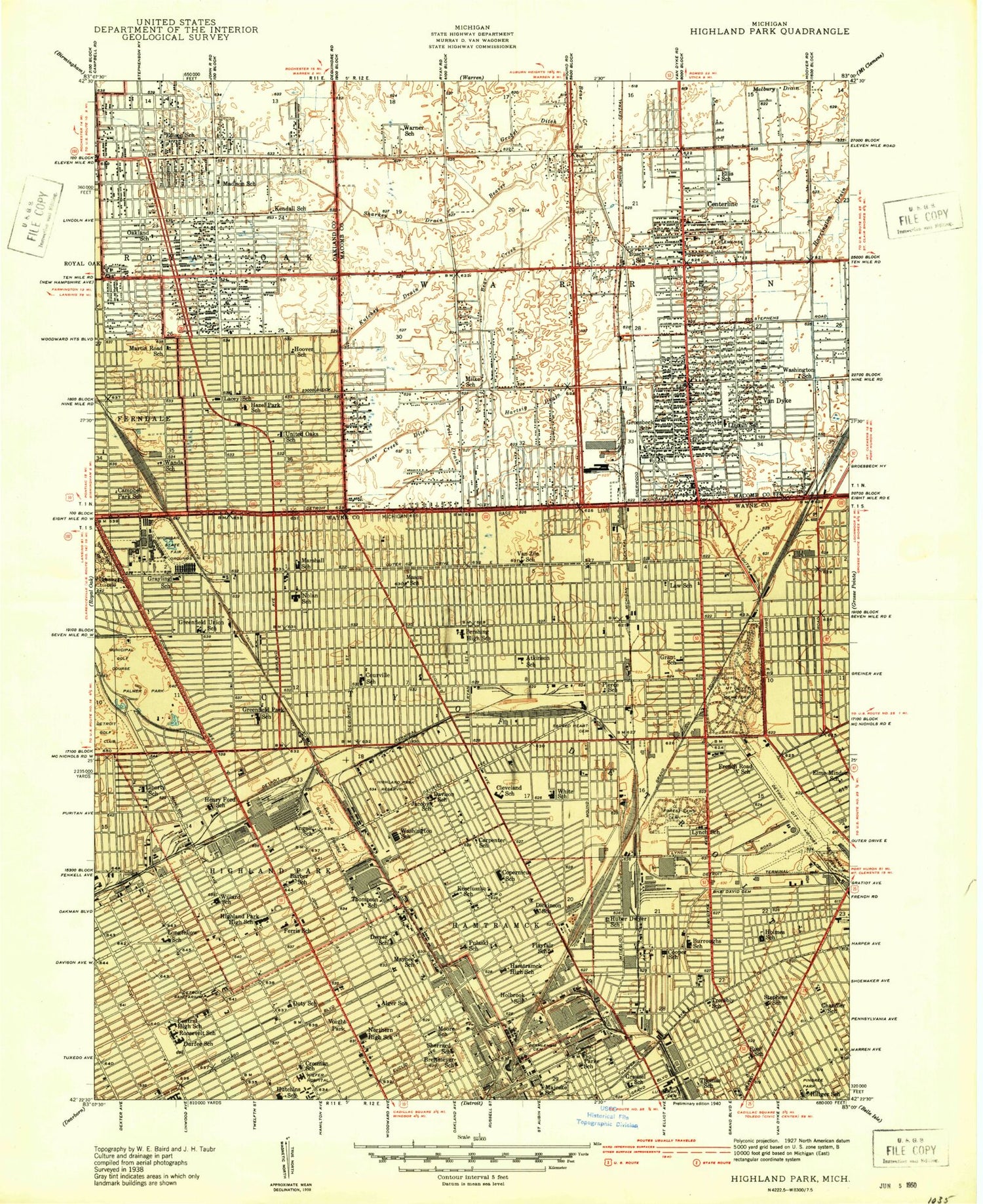 Classic USGS Highland Park Michigan 7.5'x7.5' Topo Map Image