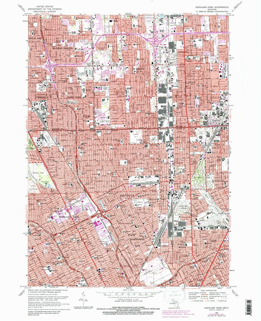 Classic USGS Highland Park Michigan 7.5'x7.5' Topo Map Image