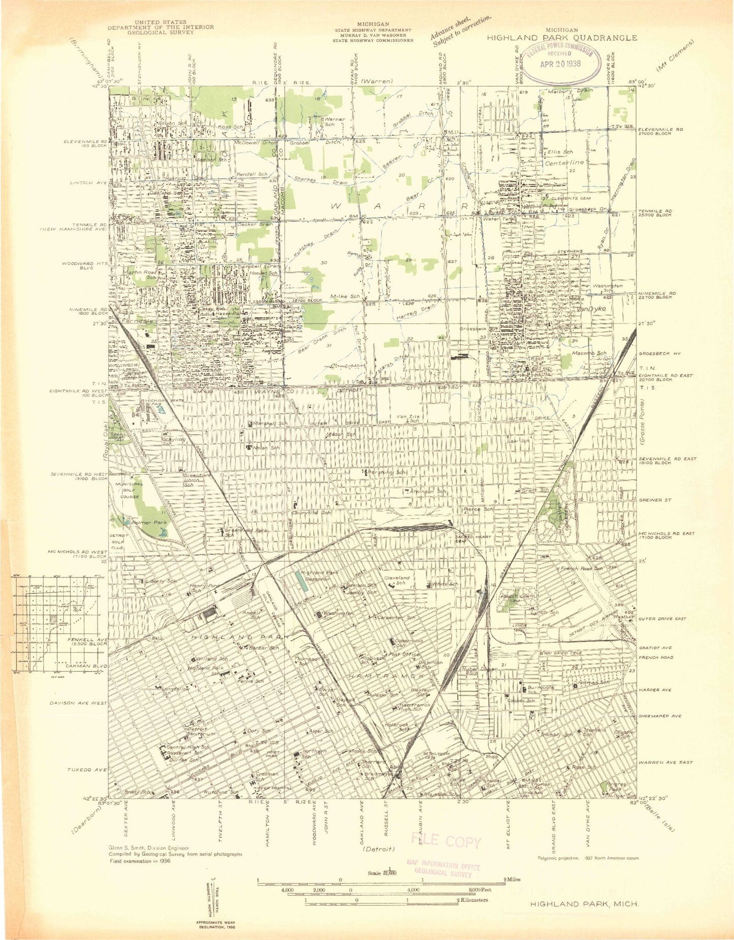 Classic USGS Highland Park Michigan 7.5'x7.5' Topo Map Image