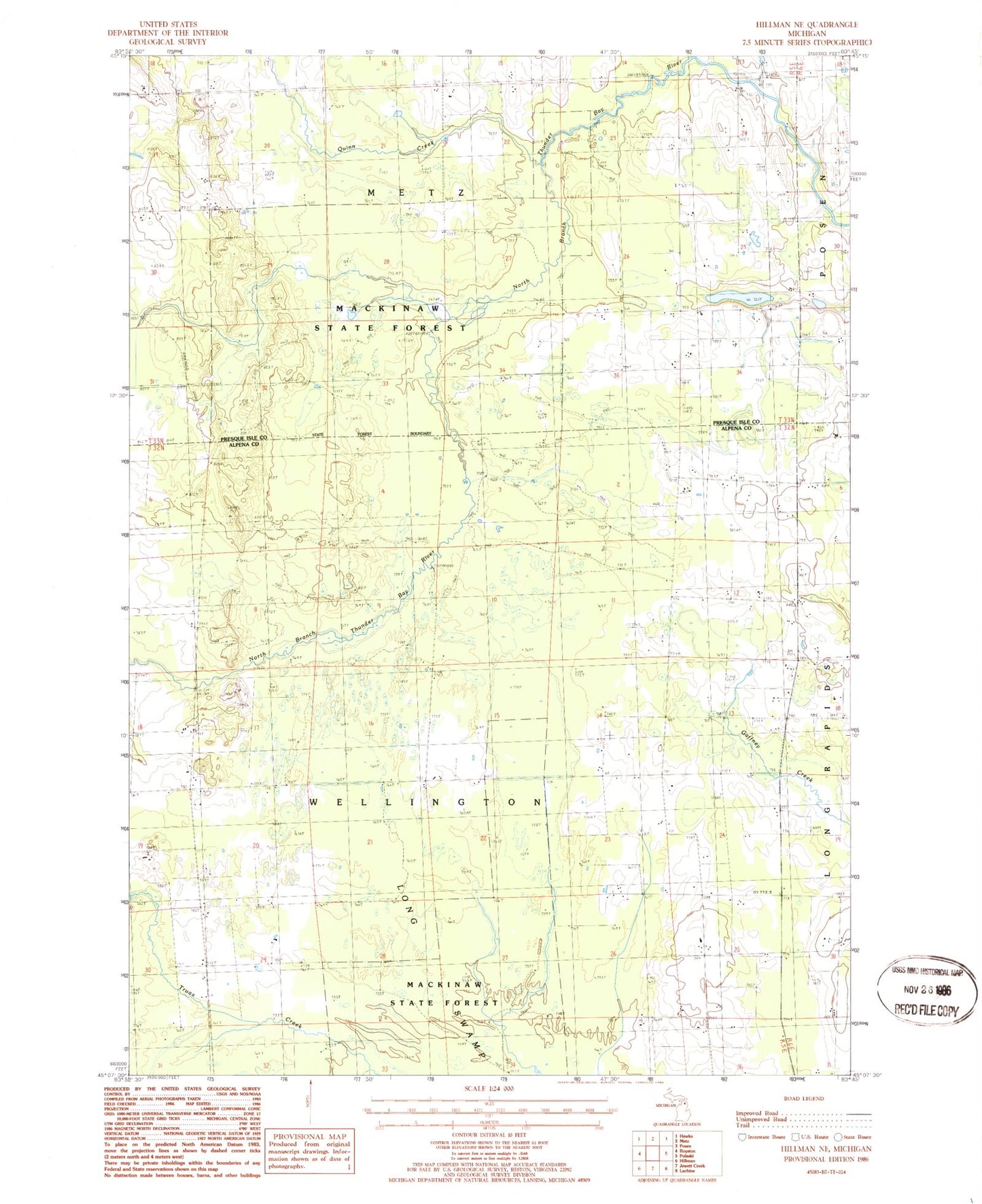 Classic USGS Hillman NE Michigan 7.5'x7.5' Topo Map Image