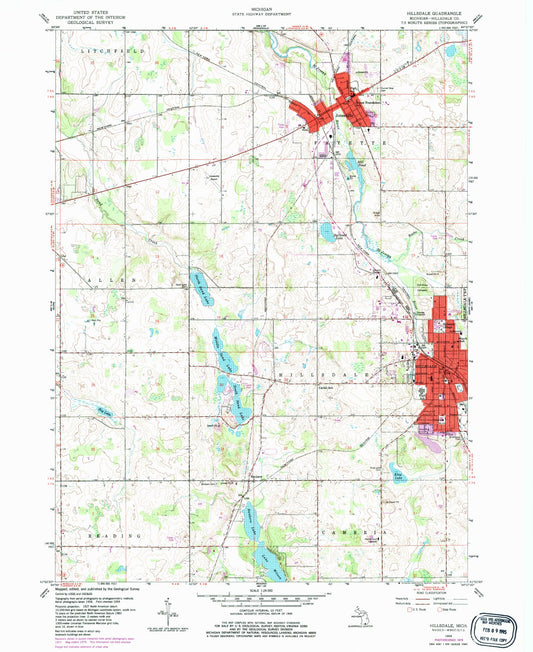 Classic USGS Hillsdale Michigan 7.5'x7.5' Topo Map Image