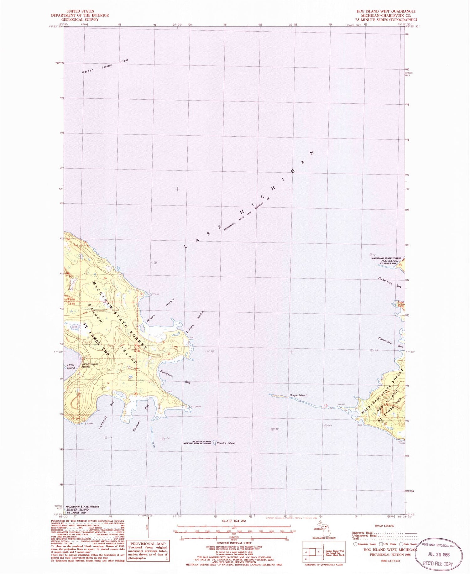 Classic USGS Hog Island West Michigan 7.5'x7.5' Topo Map Image