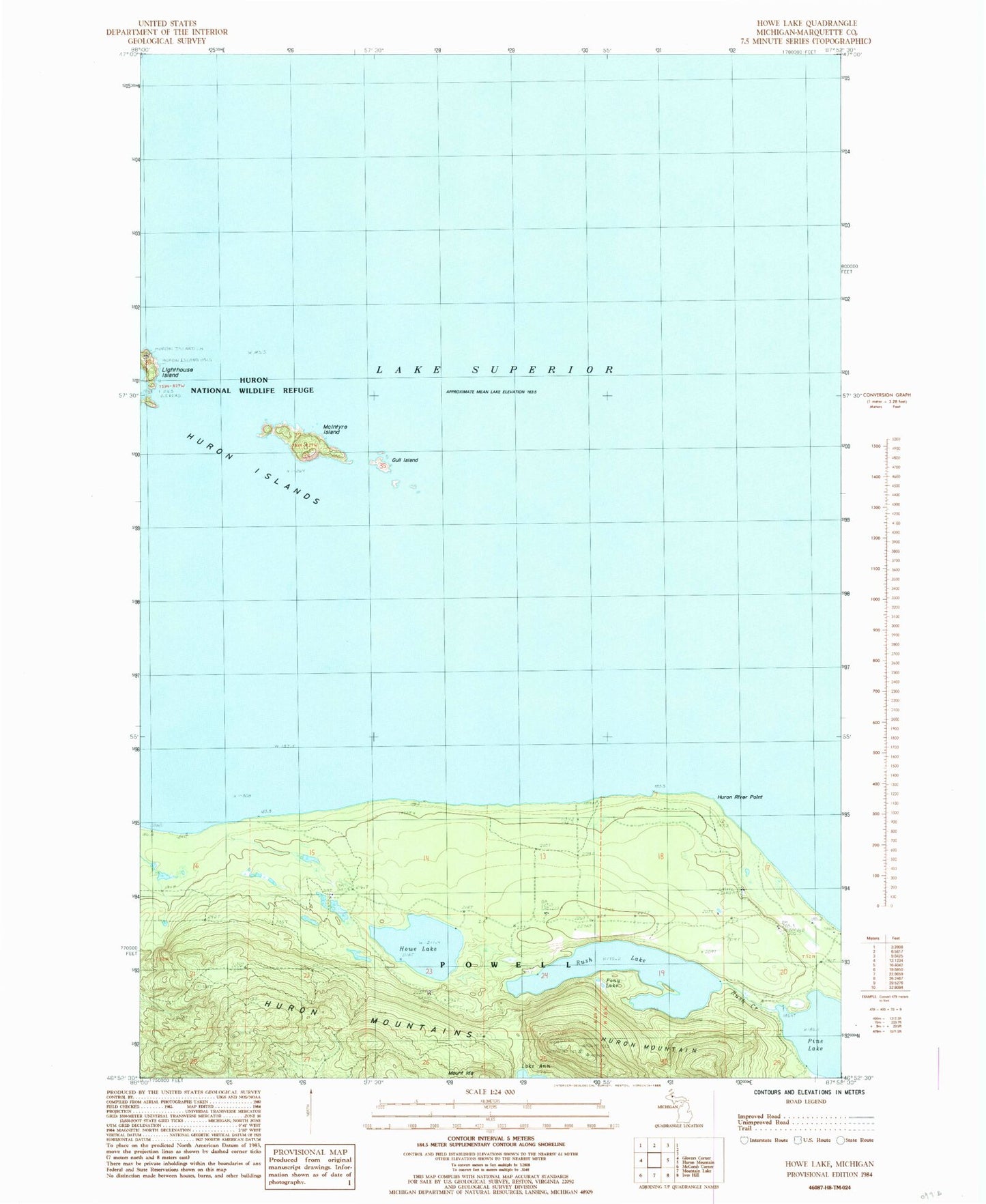 Classic USGS Howe Lake Michigan 7.5'x7.5' Topo Map Image