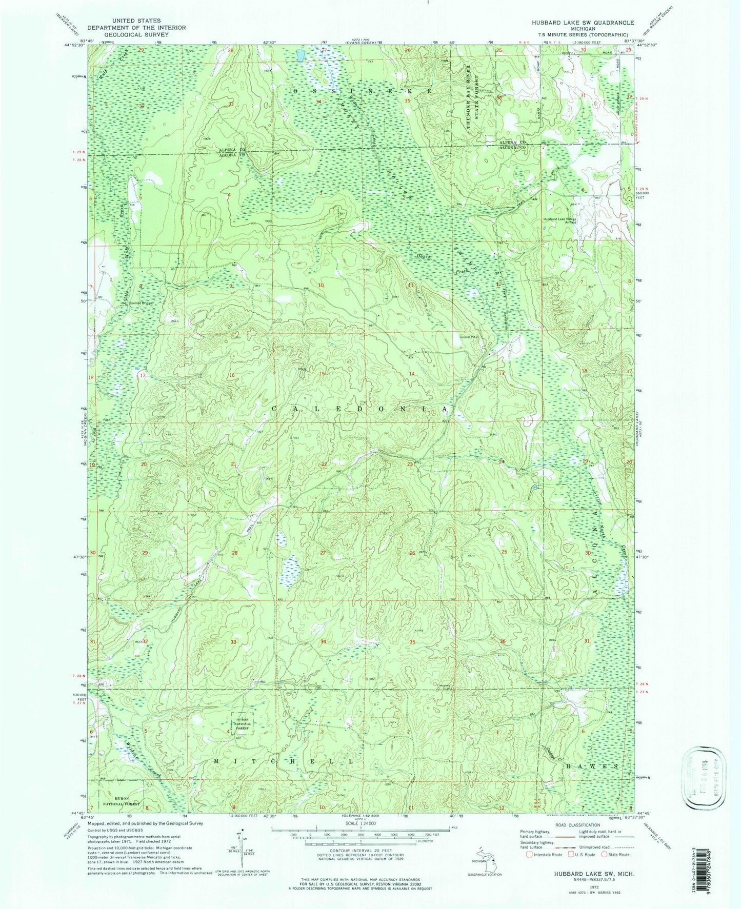 Classic USGS Hubbard Lake SW Michigan 7.5'x7.5' Topo Map Image