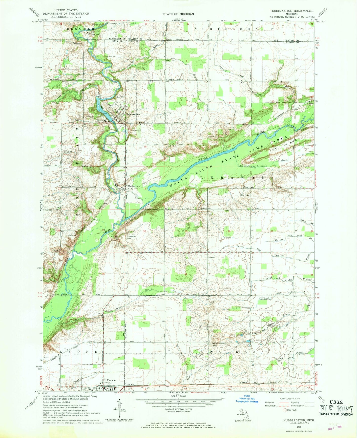 Classic USGS Hubbardston Michigan 7.5'x7.5' Topo Map Image