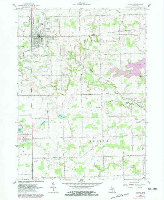 Classic USGS Hudson Michigan 7.5'x7.5' Topo Map Image