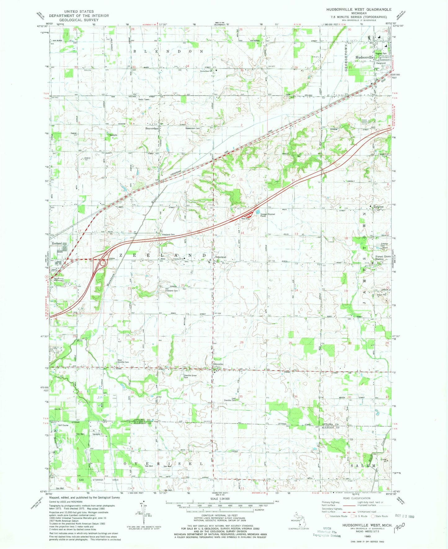 Classic USGS Hudsonville West Michigan 7.5'x7.5' Topo Map Image