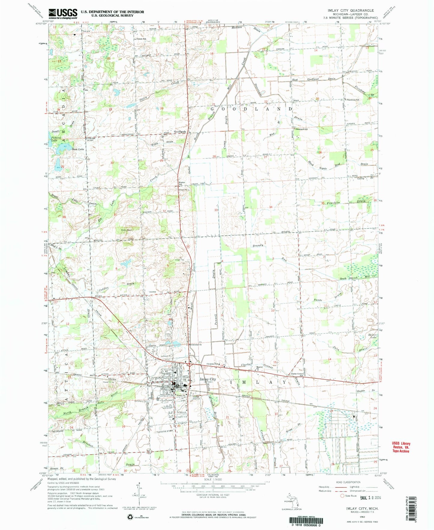 Classic USGS Imlay City Michigan 7.5'x7.5' Topo Map Image