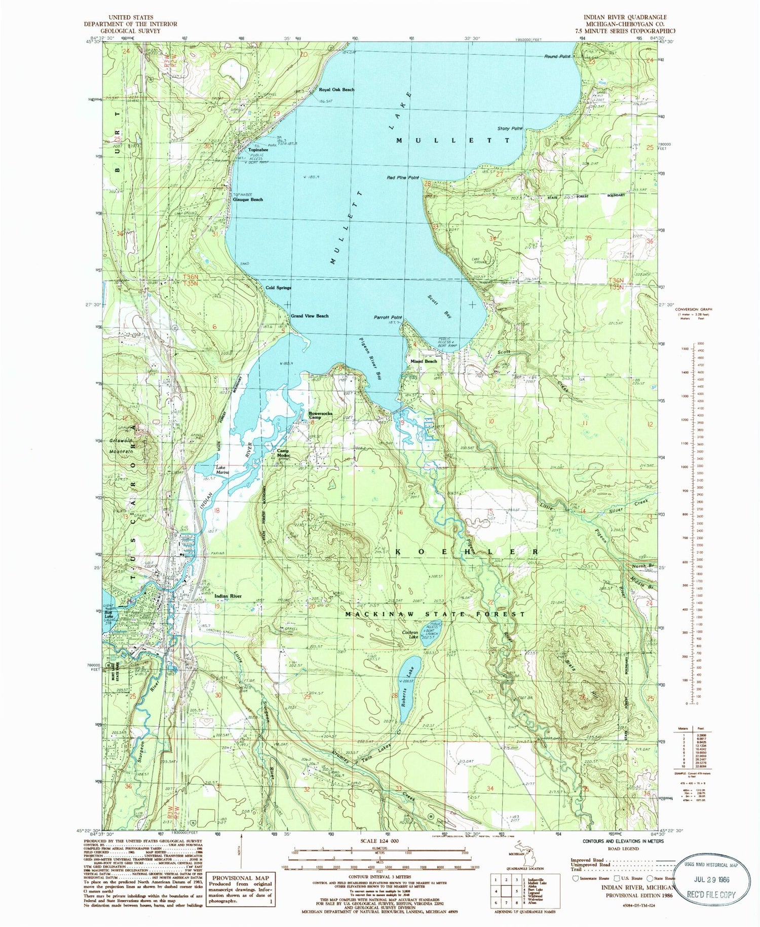 Classic USGS Indian River Michigan 7.5'x7.5' Topo Map Image