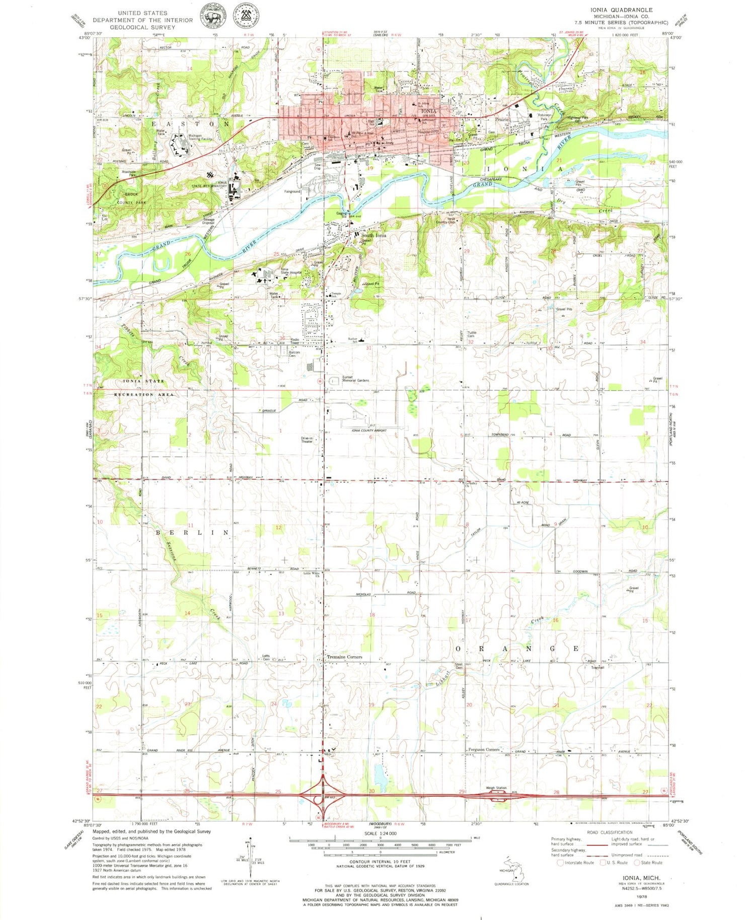 Classic USGS Ionia Michigan 7.5'x7.5' Topo Map Image