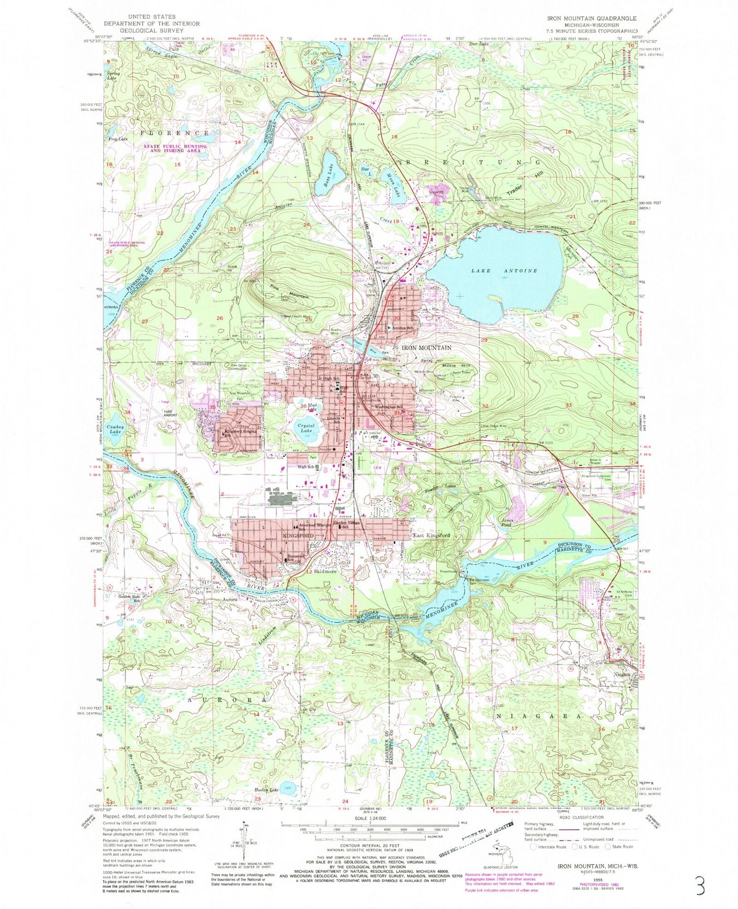 Classic USGS Iron Mountain Michigan 7.5'x7.5' Topo Map Image
