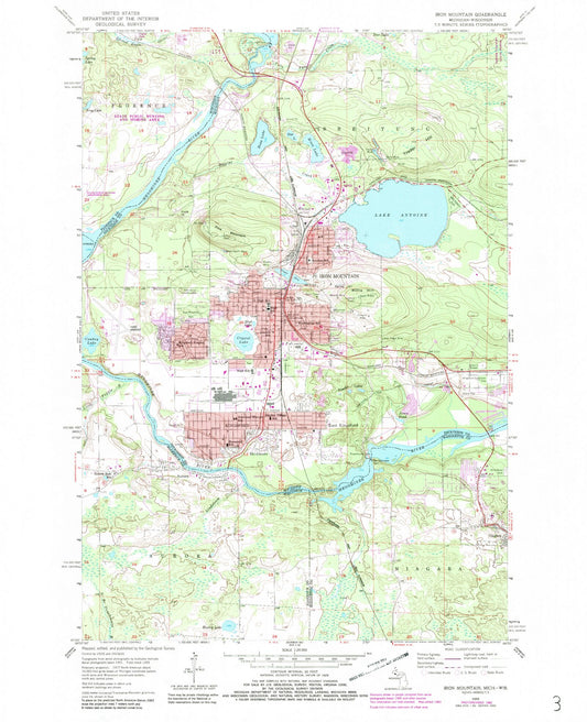 Classic USGS Iron Mountain Michigan 7.5'x7.5' Topo Map Image