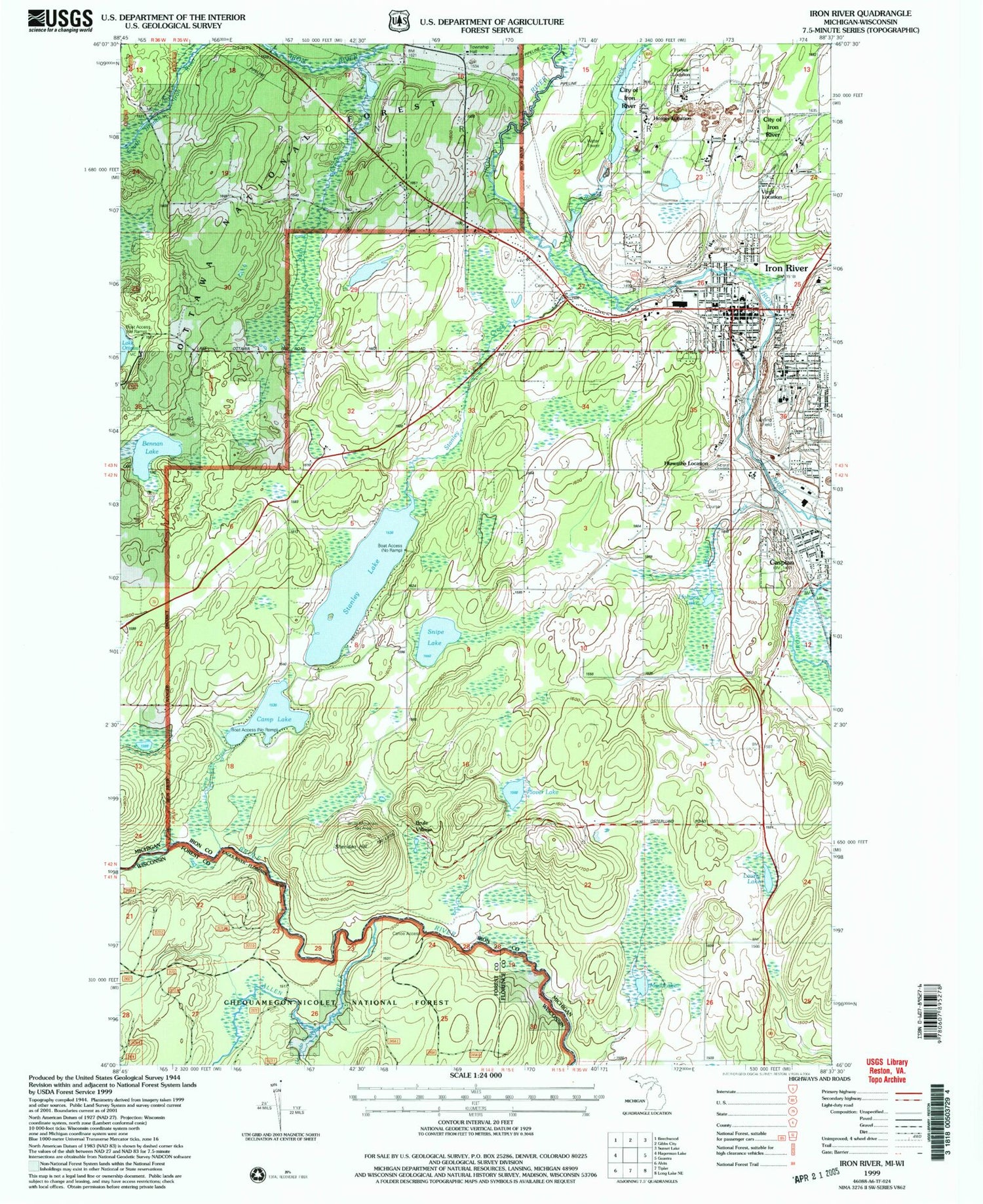 Classic USGS Iron River Michigan 7.5'x7.5' Topo Map Image
