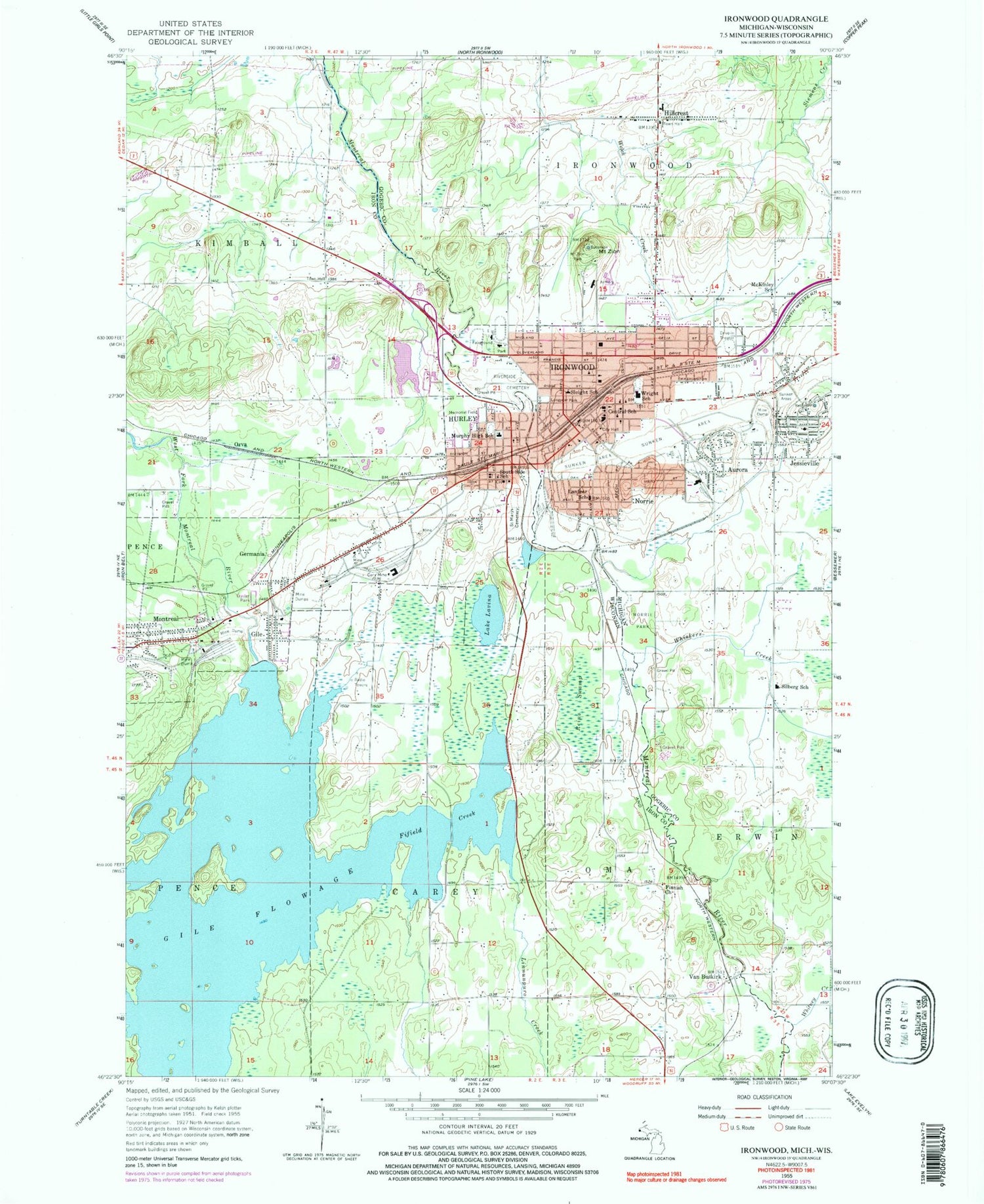 Classic USGS Ironwood Michigan 7.5'x7.5' Topo Map Image
