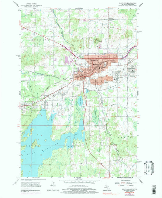 Classic USGS Ironwood Michigan 7.5'x7.5' Topo Map Image